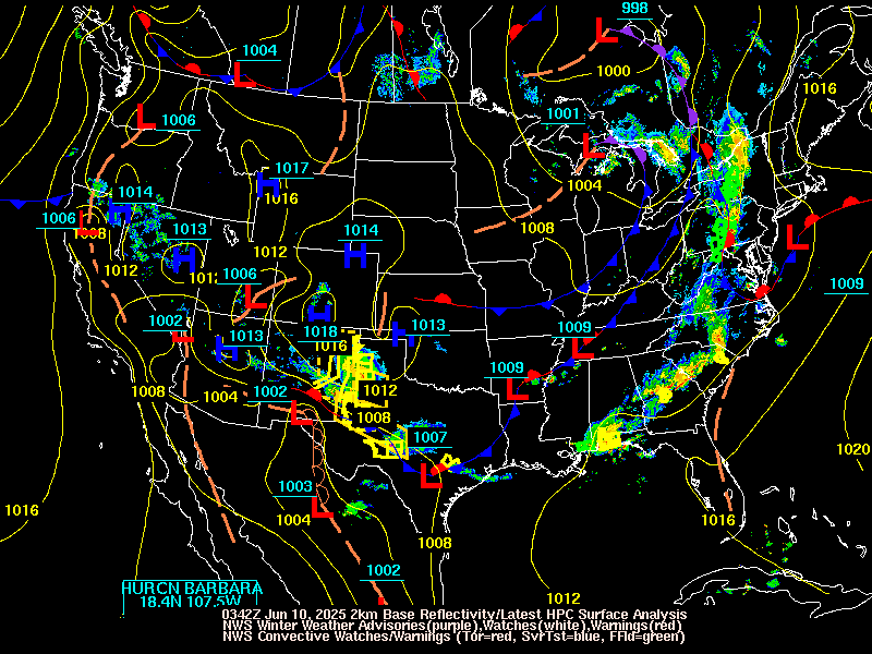 Latest WPC surface analysis, NWS Winter Weather Watches/Warnings/Advisories, and radar loop